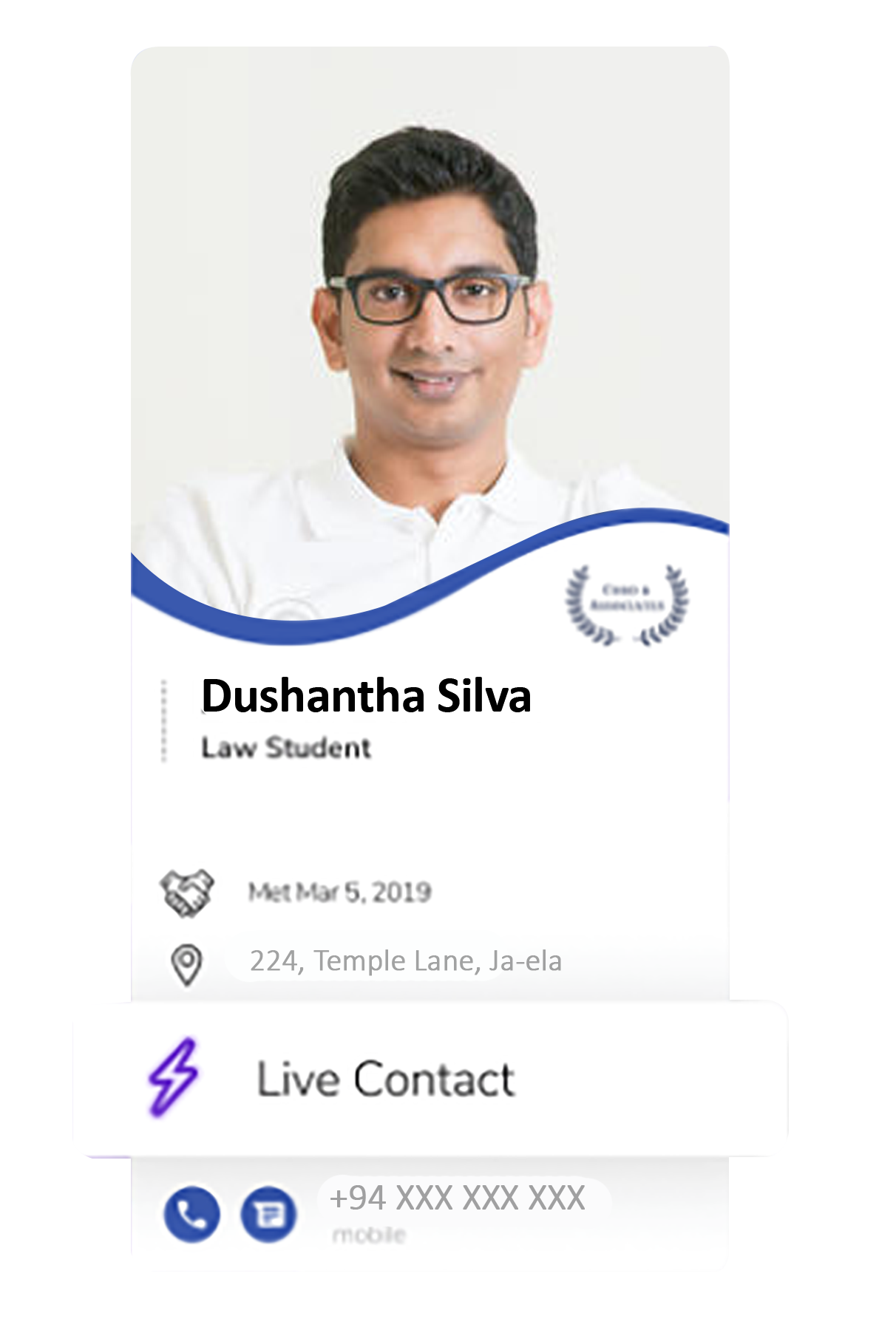 A male law student's virtual business card, showing that he is a Live Contact.