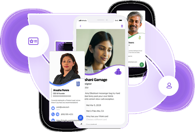 Examples of digital business cards for individuals, teams, and companies.