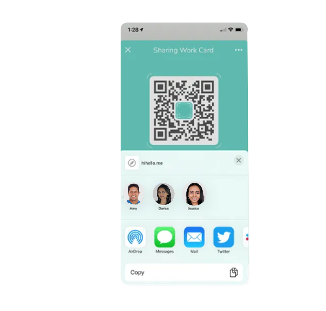 Different ways to share your Digibiz digital business cards, including Airdrop, SMS, email, and more.